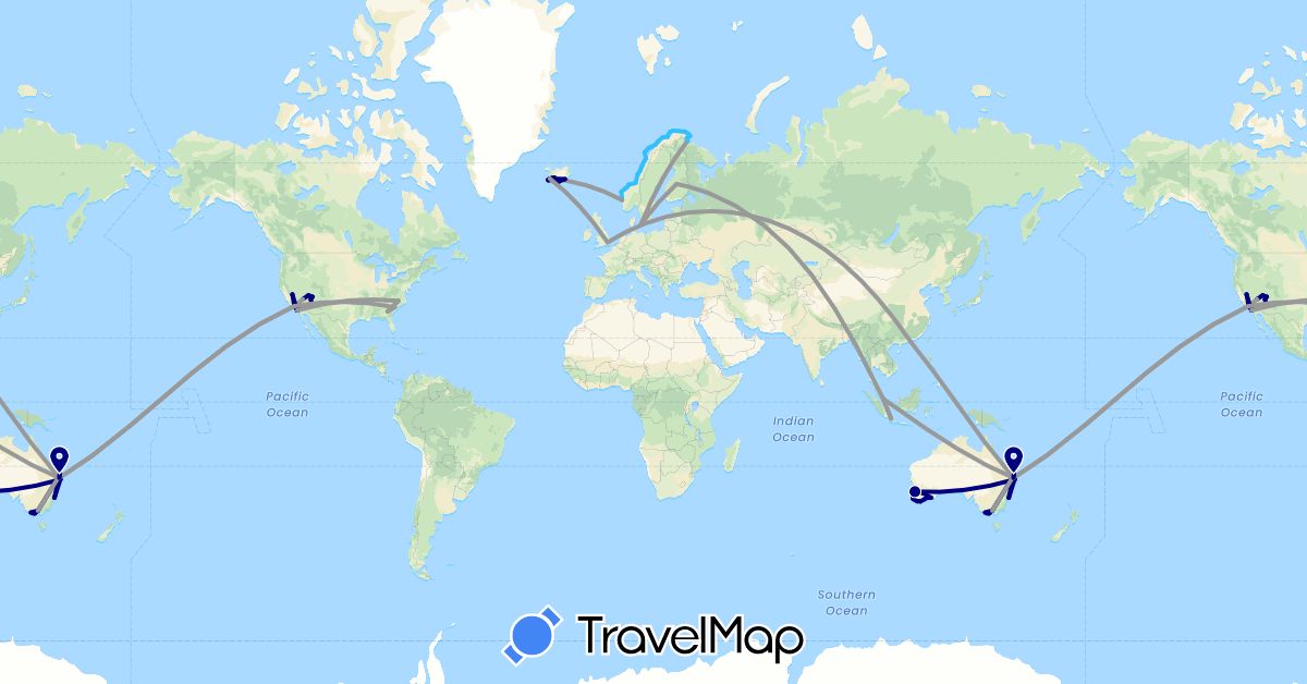 TravelMap itinerary: driving, plane, boat in Australia, China, Denmark, Finland, United Kingdom, Indonesia, Iceland, Norway, Singapore, United States (Asia, Europe, North America, Oceania)